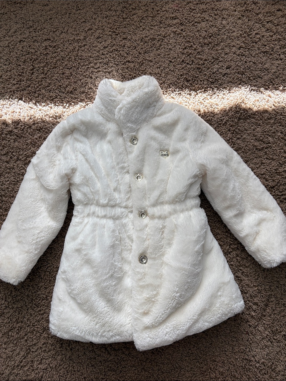 Juicy Couture Girls White Plush Faux-Fur Pea Coat